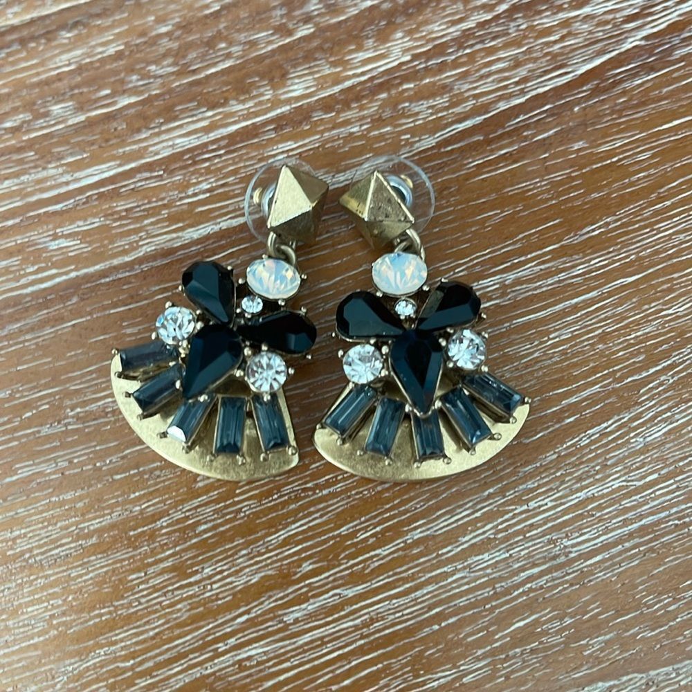 J. Crew Black and Gold Crystal Fan Drop Earrings